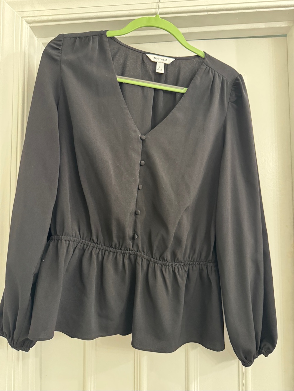 Nine West Black V-Neck Peplum Blouse with Covered Buttons